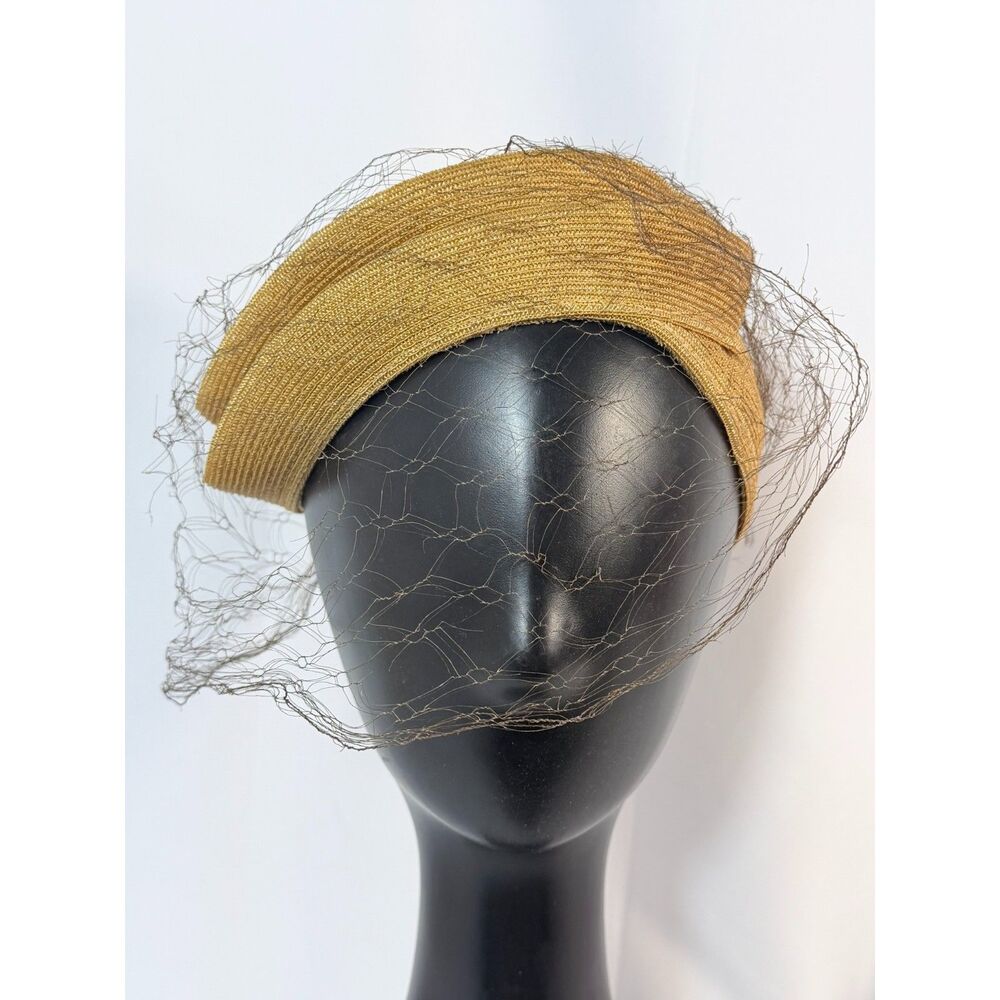 VTG Paperbraid Net Tan Women Hat 1930s 1940s Fascinator Chic Glam Veil